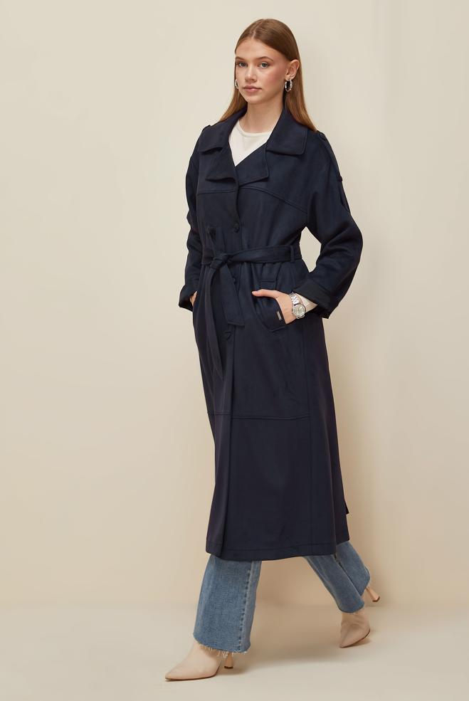 Vêtements hijab BLEU MARINE TRENCH-COAT EN DAIM CEINTURÉ 10986 - ALVİNA