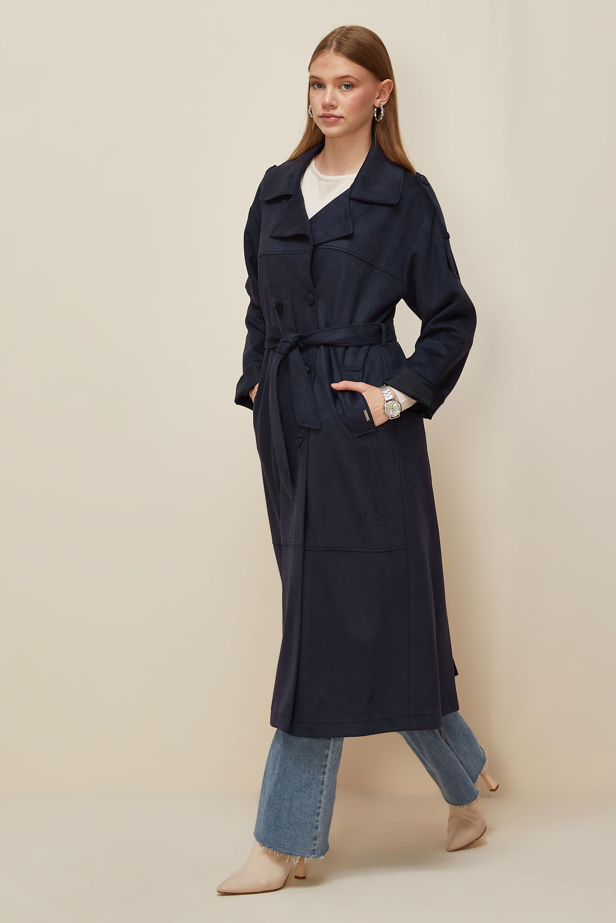 Vêtements hijab BLEU MARINE TRENCH-COAT EN DAIM CEINTURÉ 10986