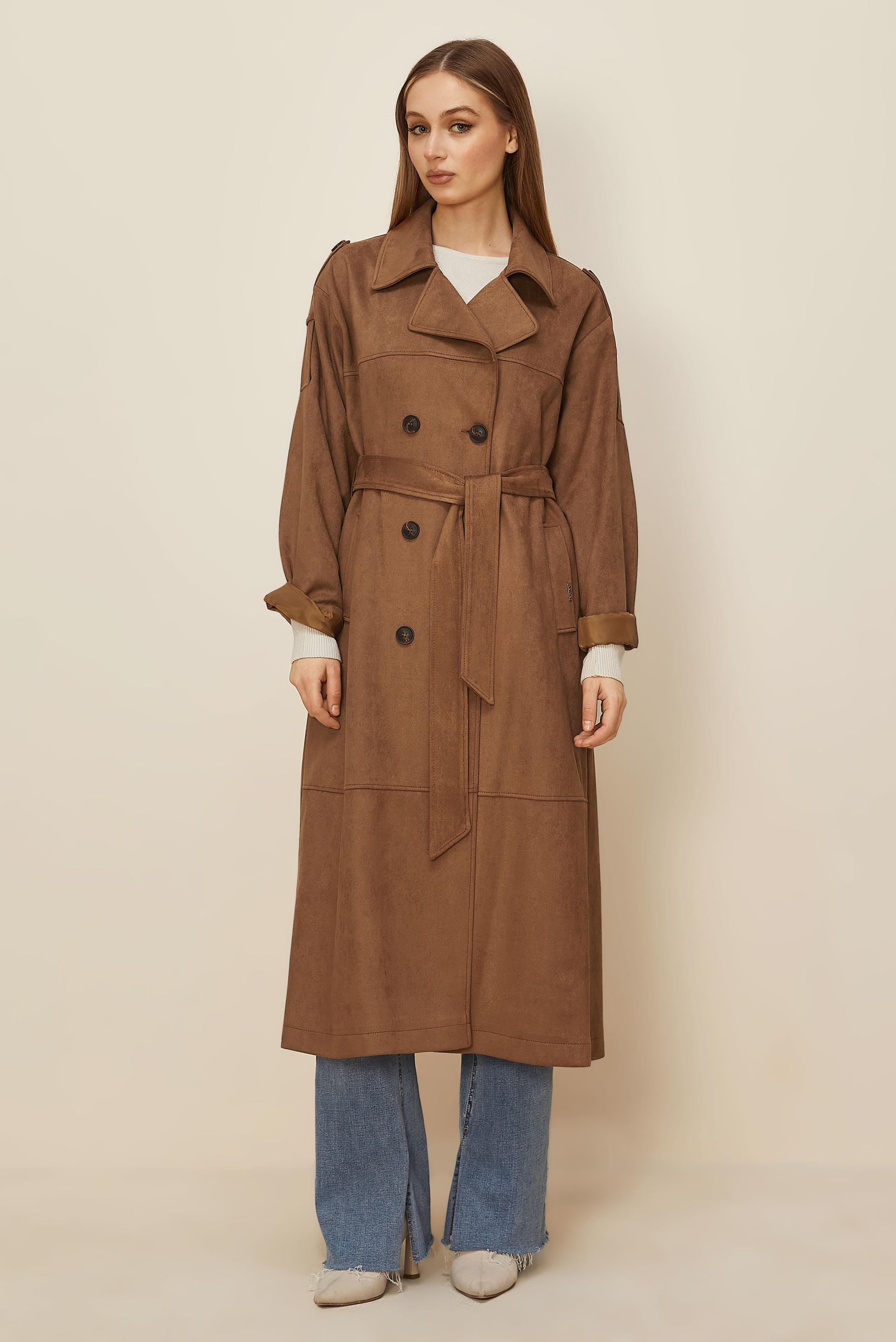 Tesettür giyim TABA KEMERLİ SÜET TRENÇKOT 10986