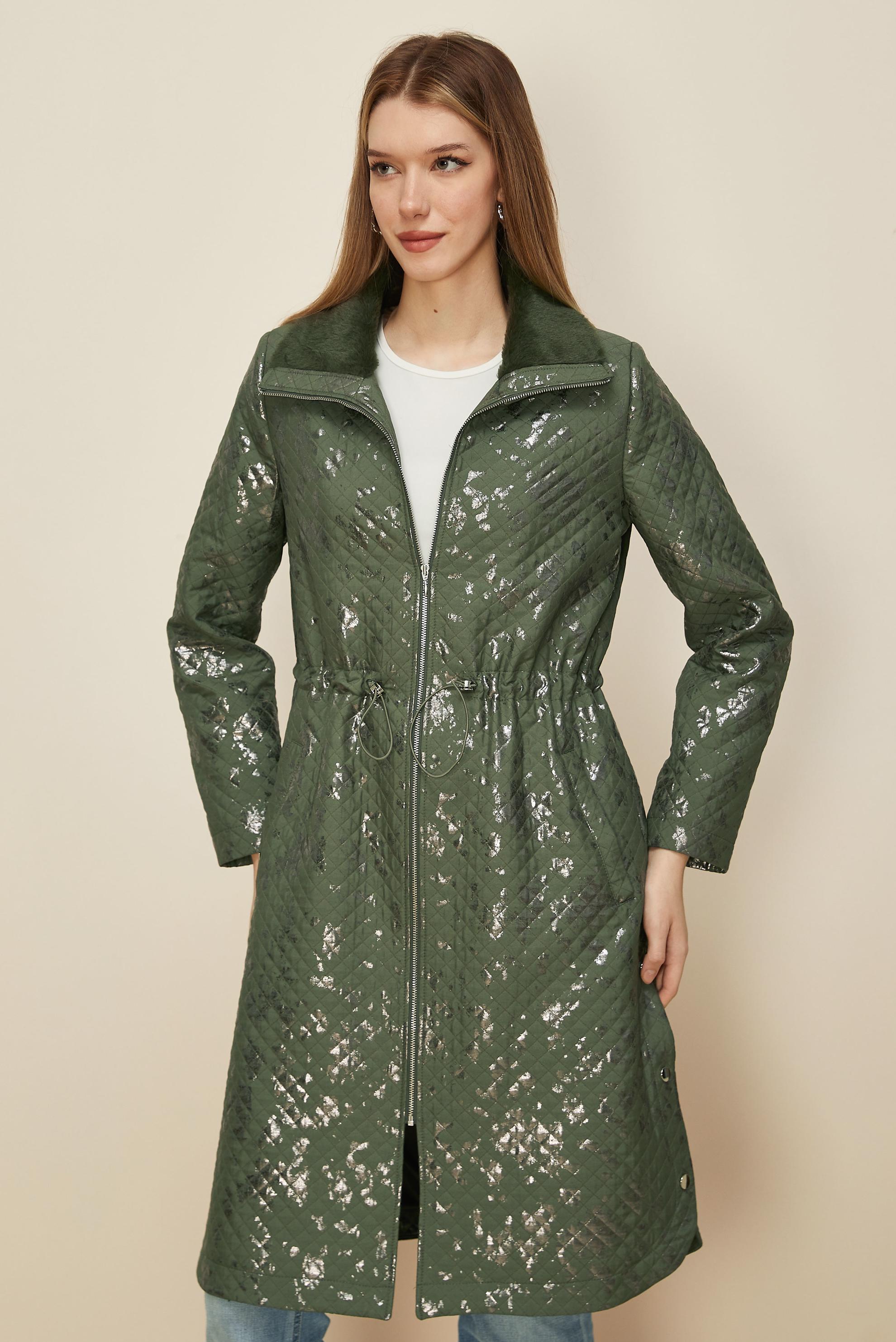 Tesettür giyim HAKİ VARAKLI KAPİTONE TRENÇKOT 10989