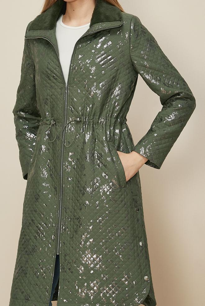 Tesettür giyim HAKİ VARAKLI KAPİTONE TRENÇKOT 10989 - ALVİNA