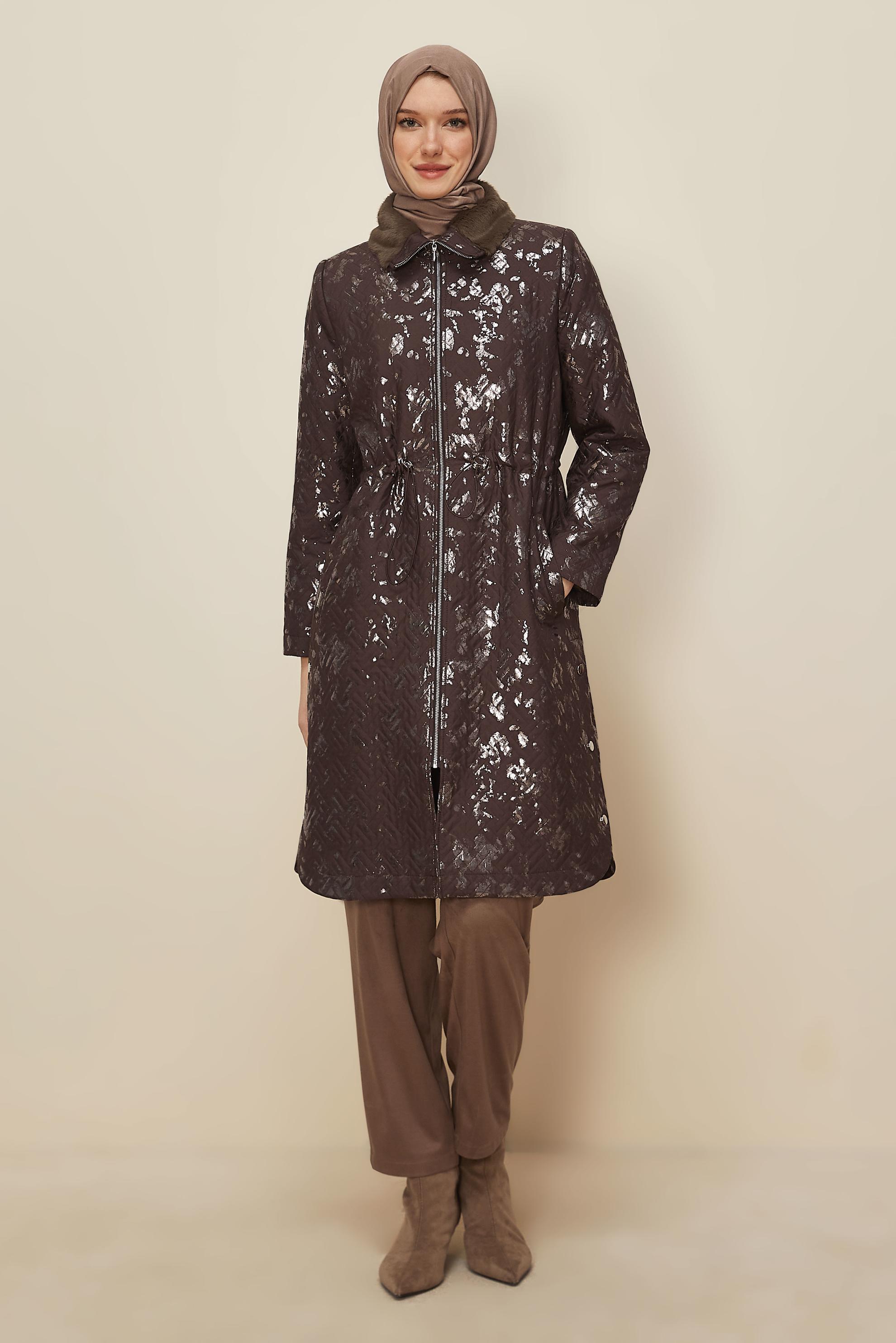Tesettür giyim KAHVE VARAKLI KAPİTONE TRENÇKOT 10989