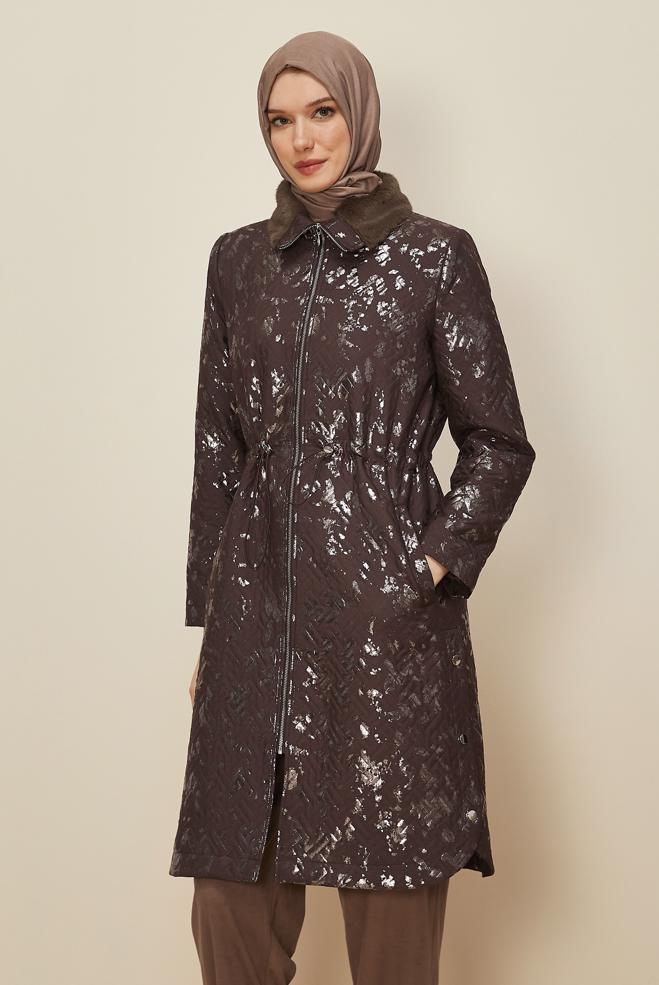 Tesettür giyim KAHVE VARAKLI KAPİTONE TRENÇKOT 10989 - ALVİNA