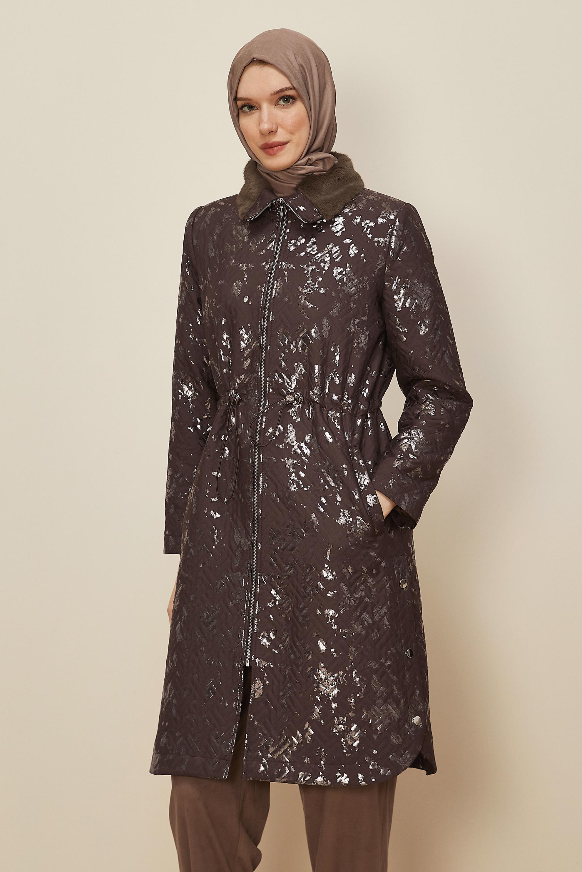 Tesettür giyim KAHVE VARAKLI KAPİTONE TRENÇKOT 10989