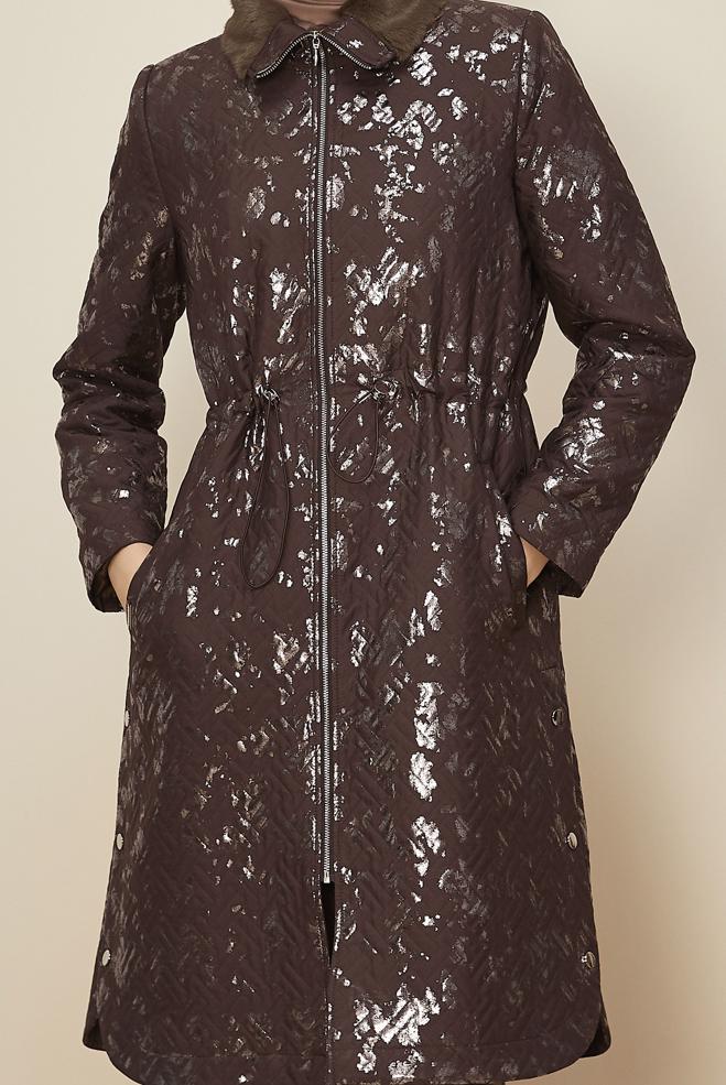 Tesettür giyim KAHVE VARAKLI KAPİTONE TRENÇKOT 10989 - ALVİNA