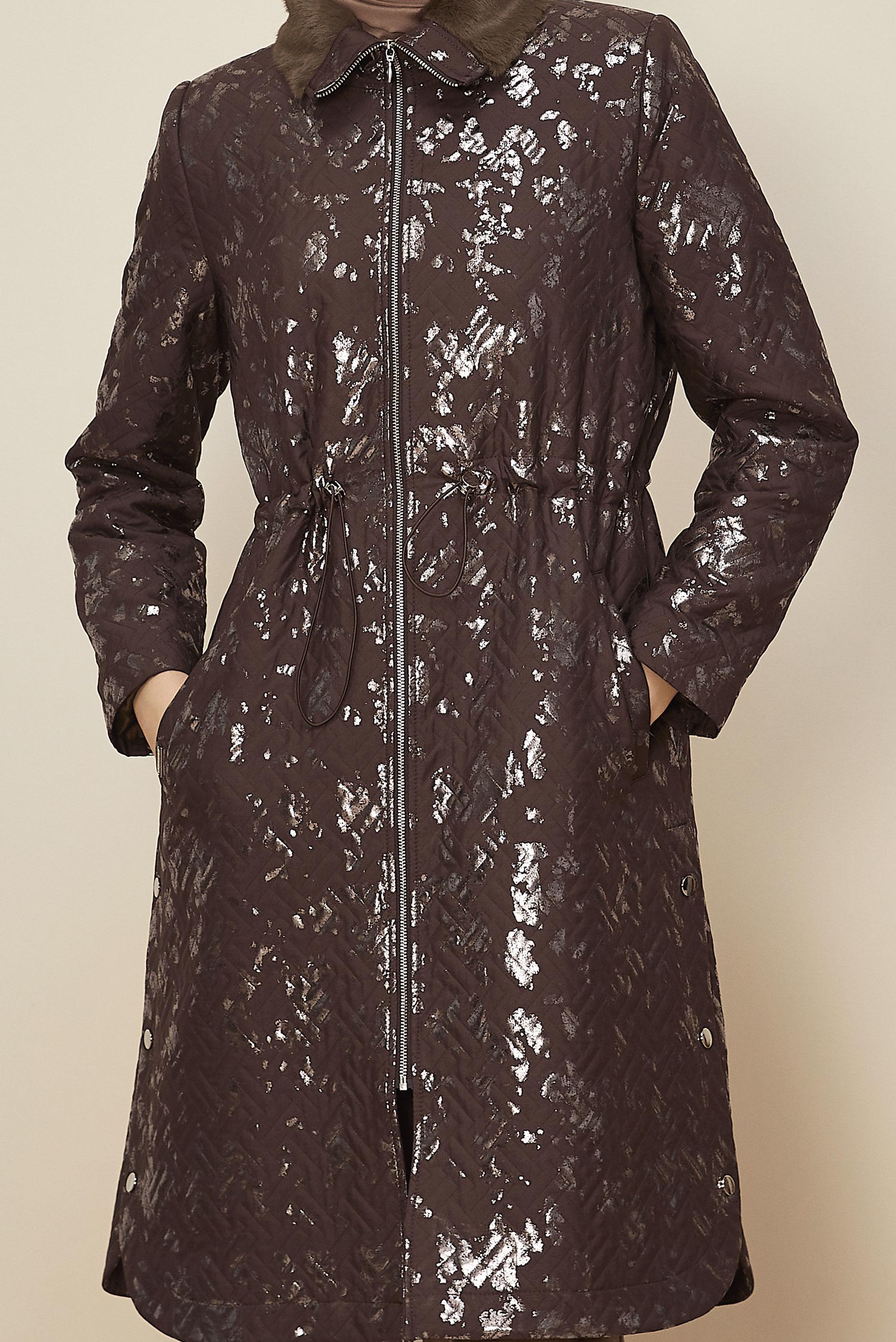 Tesettür giyim KAHVE VARAKLI KAPİTONE TRENÇKOT 10989