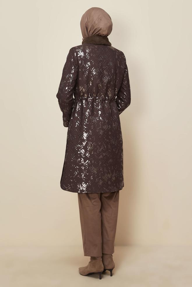 Tesettür giyim KAHVE VARAKLI KAPİTONE TRENÇKOT 10989 - ALVİNA