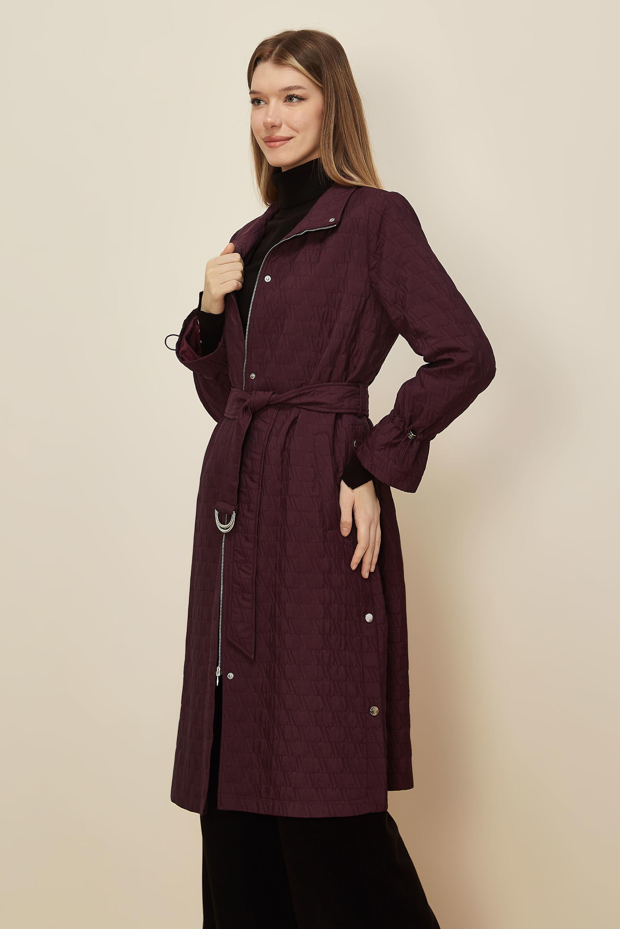Tesettür giyim BORDO KEMERLİ KAPİTONE TRENÇKOT 10993
