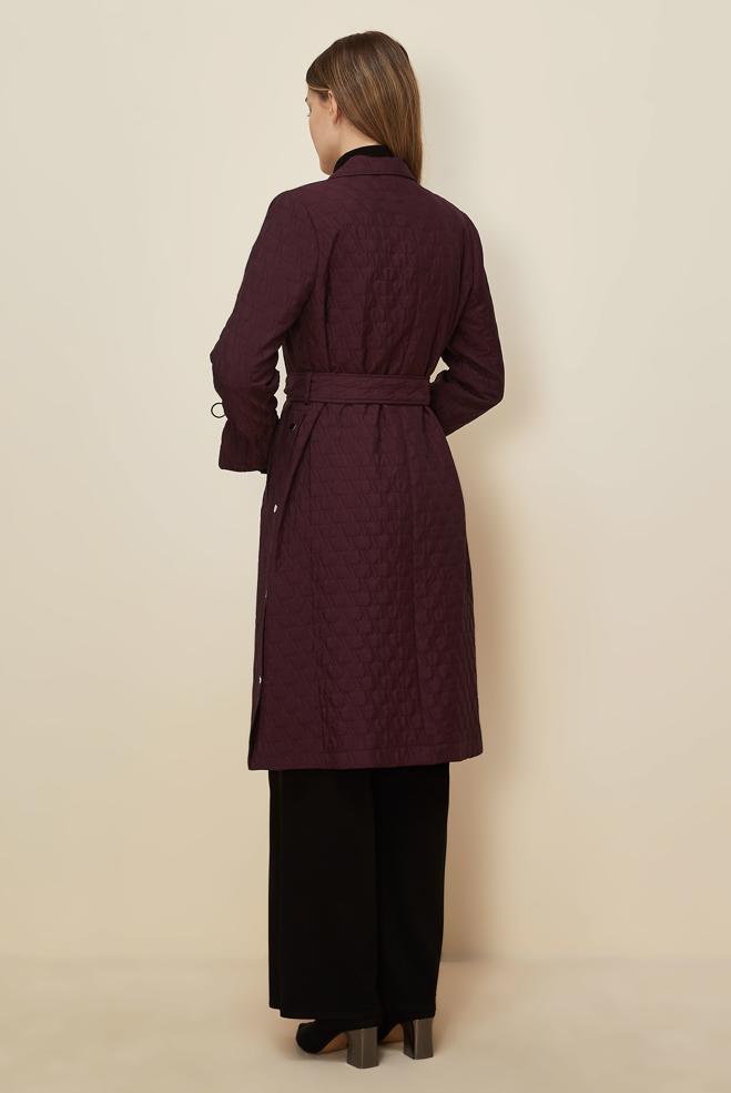 Tesettür giyim BORDO KEMERLİ KAPİTONE TRENÇKOT 10993 - ALVİNA