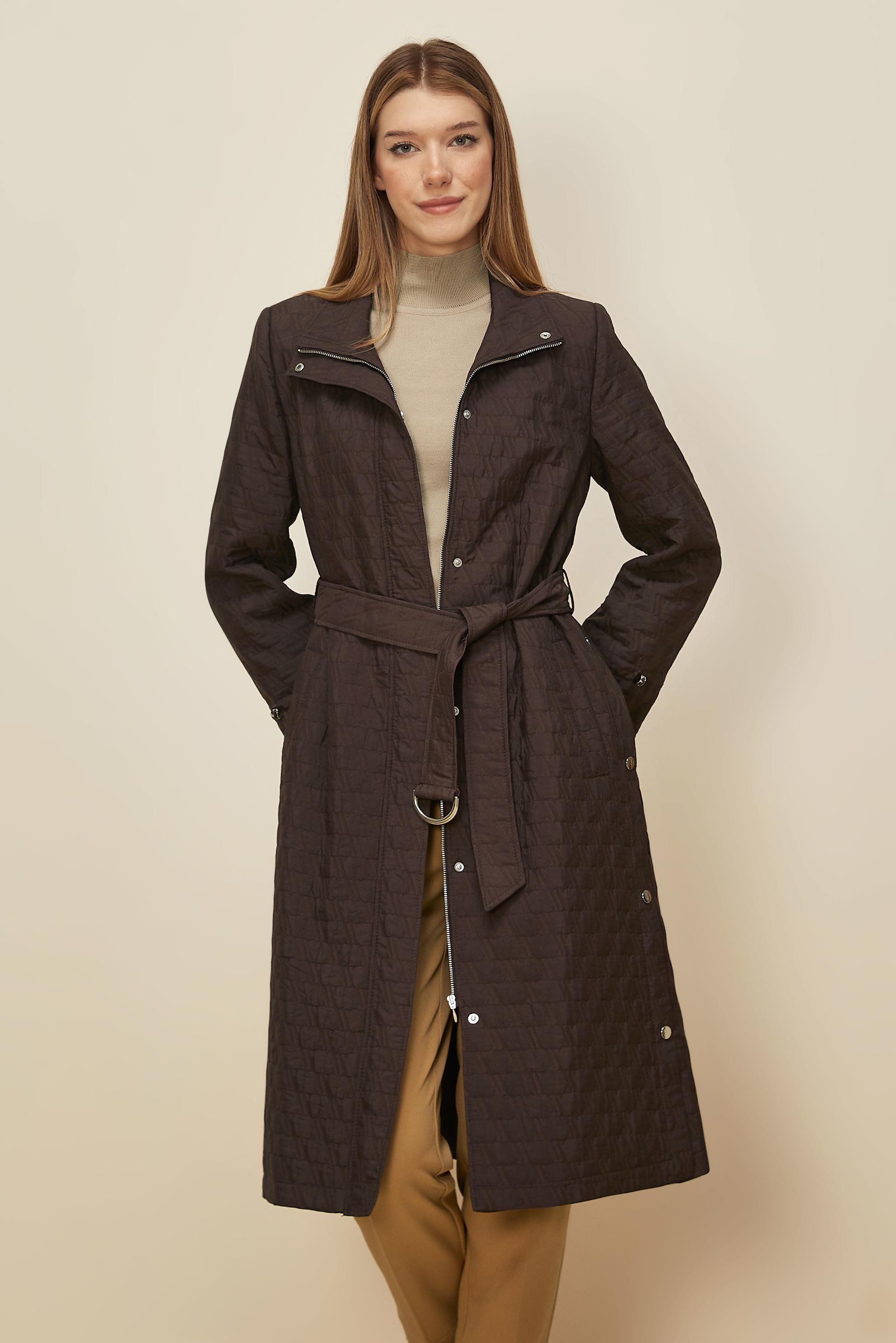 Tesettür giyim KAHVE KEMERLİ KAPİTONE TRENÇKOT 10993