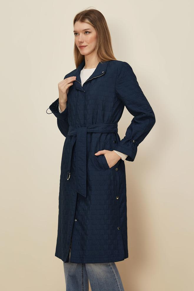 Tesettür giyim LACİVERT KEMERLİ KAPİTONE TRENÇKOT 10993 - ALVİNA