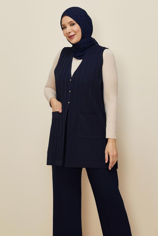 Vêtements hijab BLEU MARINE GILET EN MAILLE 20856 - ALVİNA