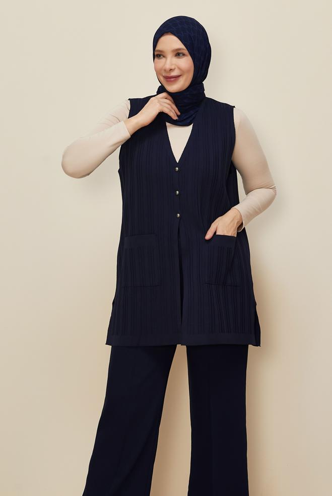Vêtements hijab BLEU MARINE GILET EN MAILLE 20856 - ALVİNA