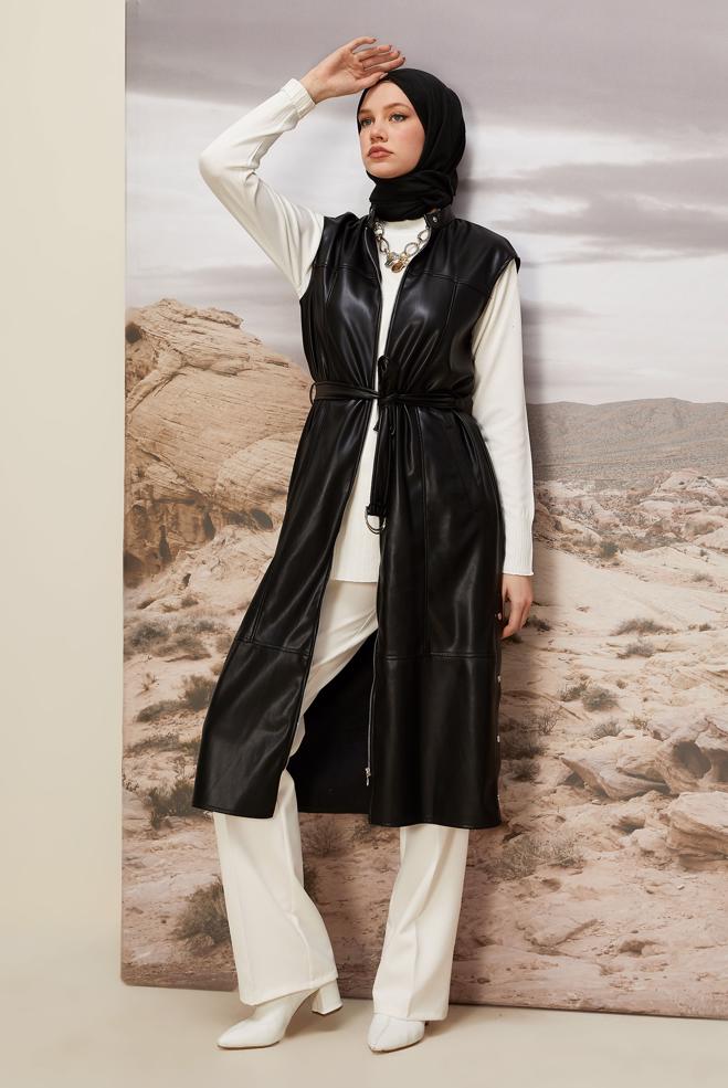 Vêtements hijab NOIR GILET CEINTURÉ EN SIMILICUIR 45249 - ALVİNA