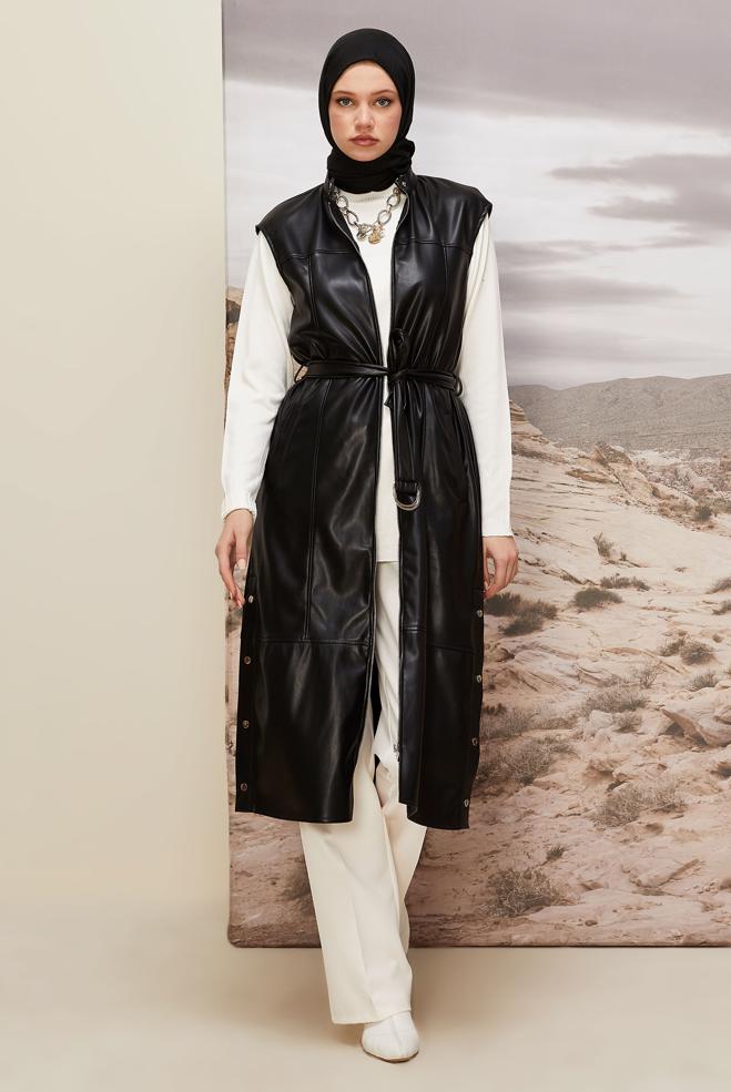 Vêtements hijab NOIR GILET CEINTURÉ EN SIMILICUIR 45249 - ALVİNA