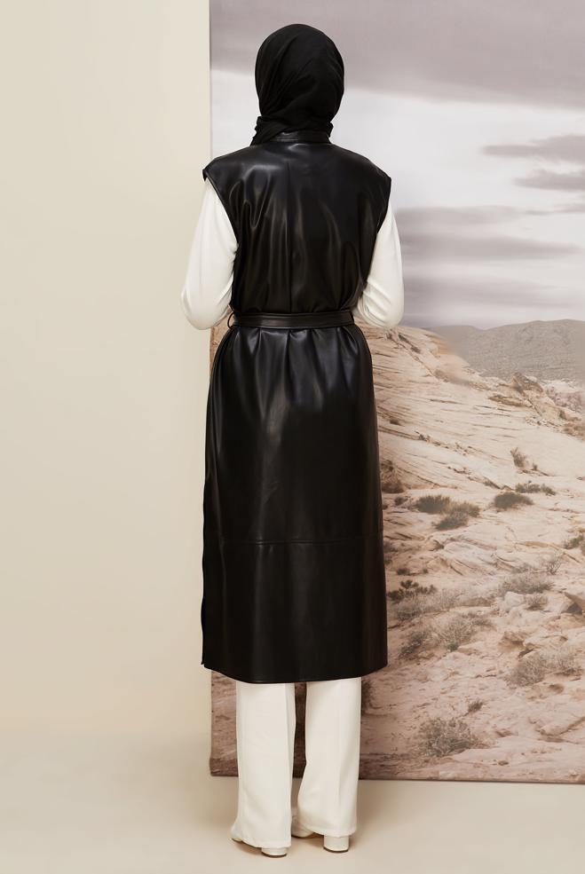 Vêtements hijab NOIR GILET CEINTURÉ EN SIMILICUIR 45249 - ALVİNA
