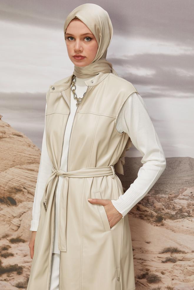 Vêtements hijab BEIGE GILET CEINTURÉ EN SIMILICUIR 45249 - ALVİNA
