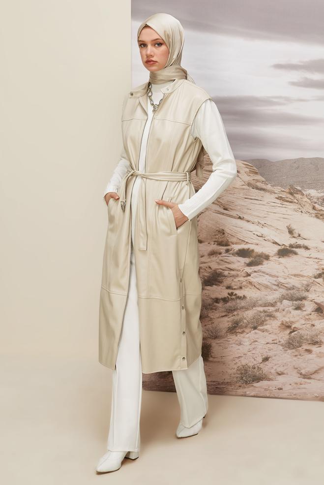 Vêtements hijab BEIGE GILET CEINTURÉ EN SIMILICUIR 45249 - ALVİNA