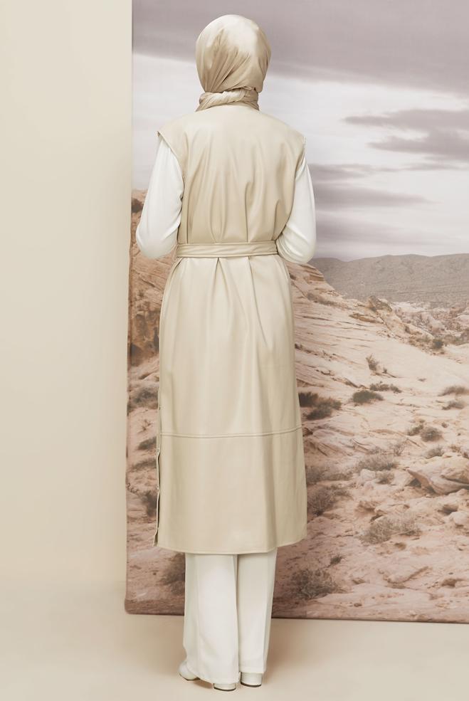Vêtements hijab BEIGE GILET CEINTURÉ EN SIMILICUIR 45249 - ALVİNA