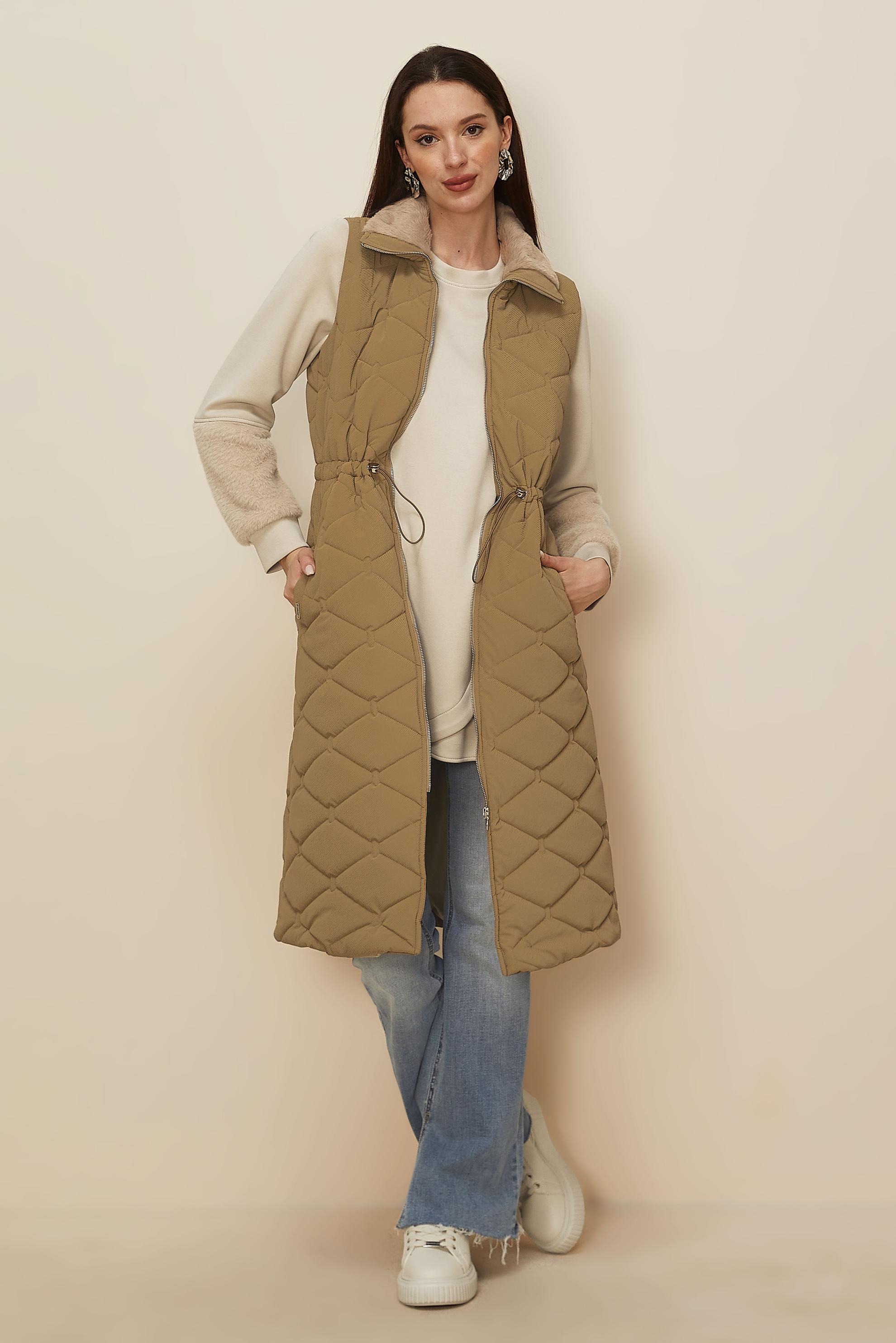 Tesettür giyim BEJ BELİ BÜZGÜLÜ KAPİTONE YELEK 45273