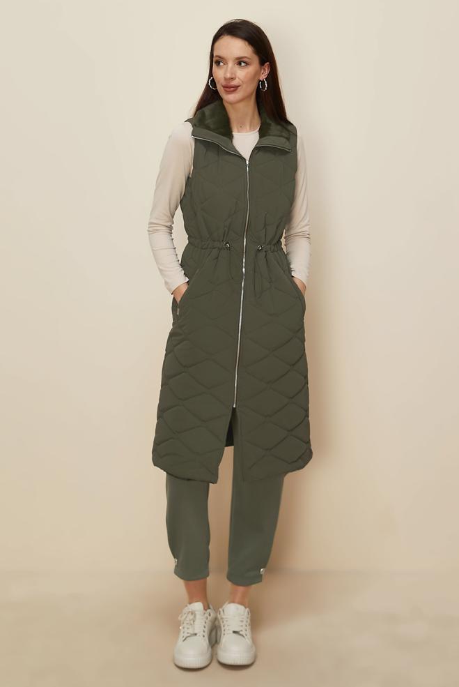 Tesettür giyim HAKİ BELİ BÜZGÜLÜ KAPİTONE YELEK 45273 - ALVİNA