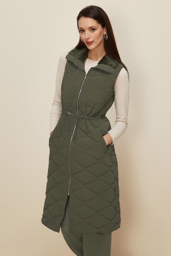 Tesettür giyim HAKİ BELİ BÜZGÜLÜ KAPİTONE YELEK 45273 - ALVİNA