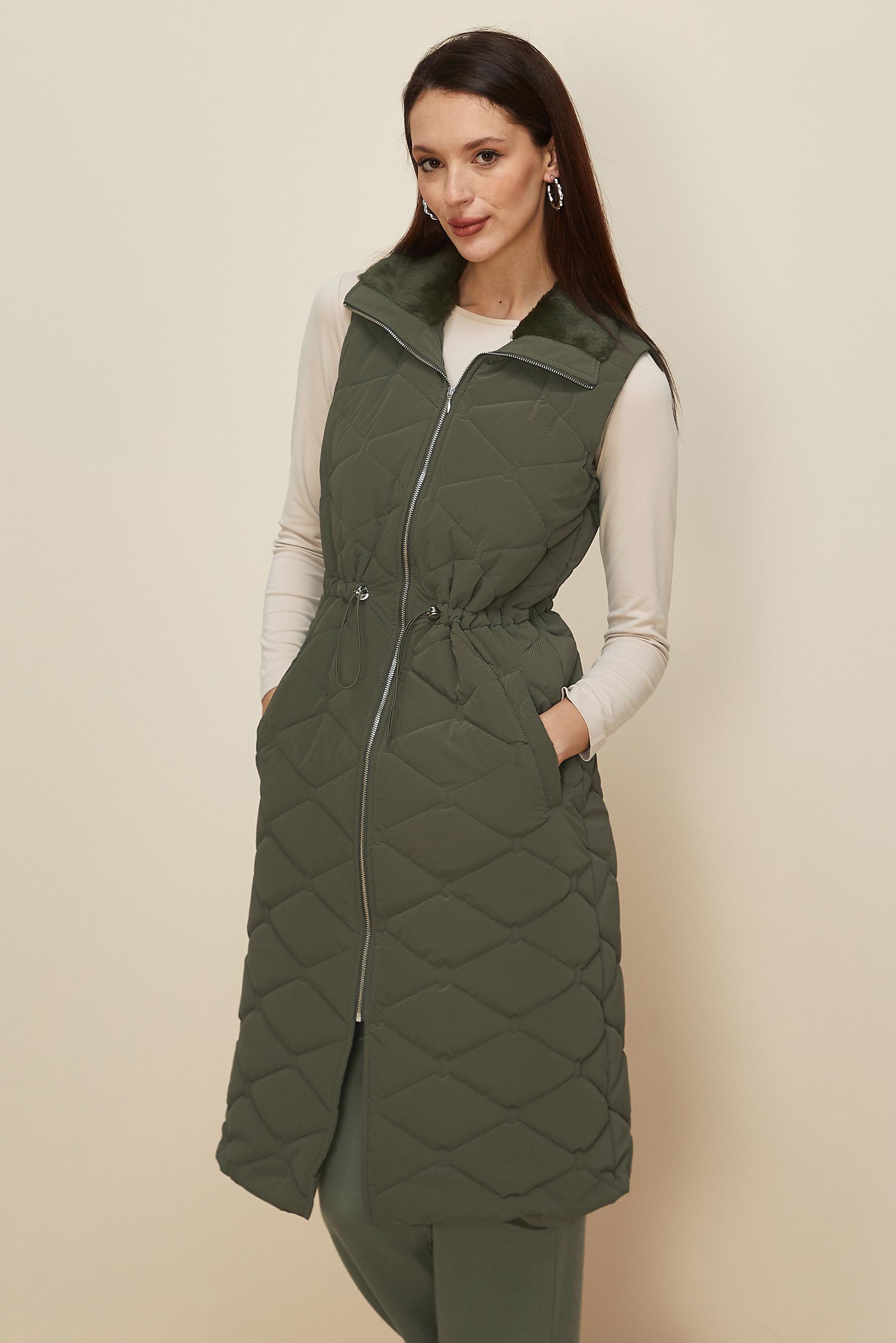 Tesettür giyim HAKİ BELİ BÜZGÜLÜ KAPİTONE YELEK 45273