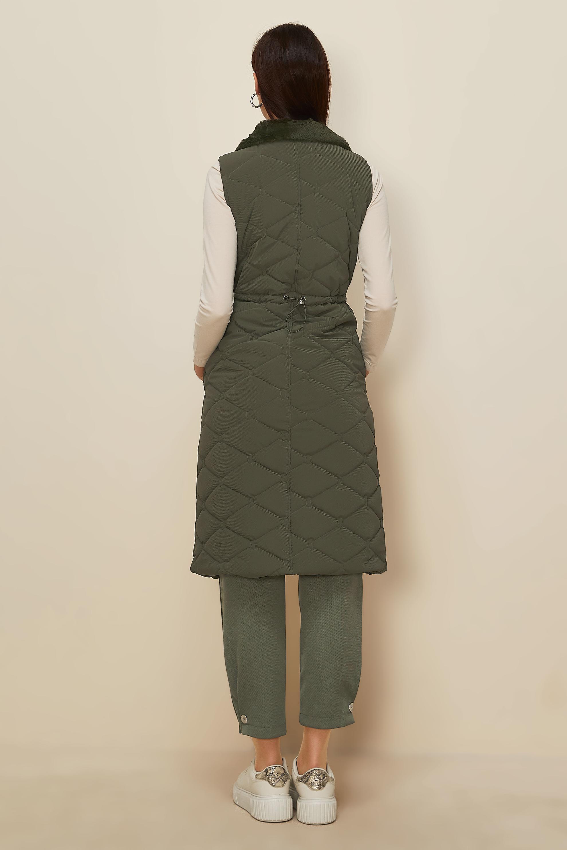 Tesettür giyim HAKİ BELİ BÜZGÜLÜ KAPİTONE YELEK 45273