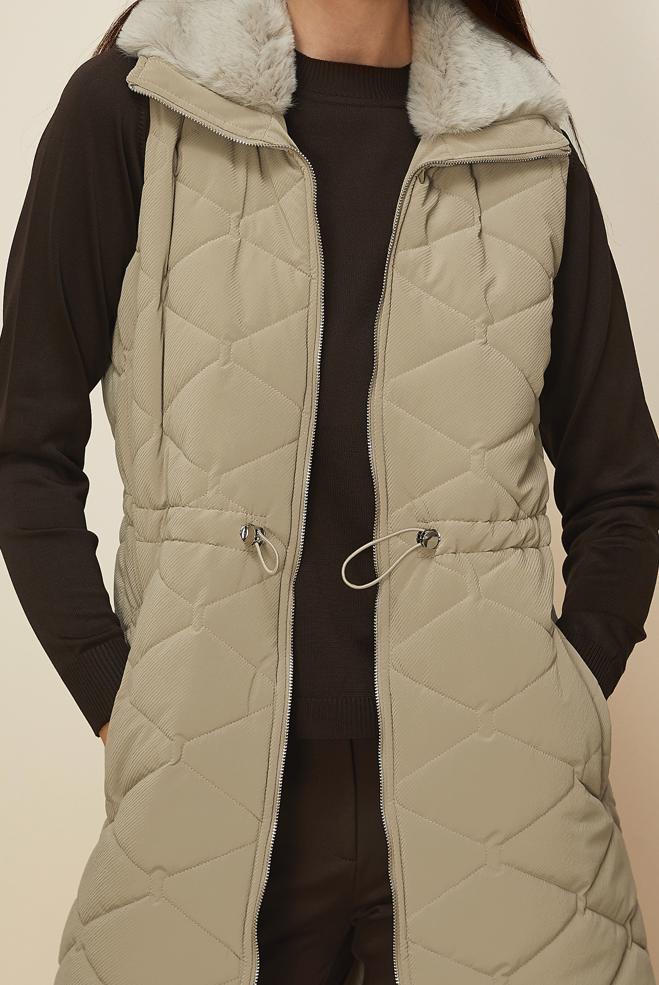 Tesettür giyim TABA BELİ BÜZGÜLÜ KAPİTONE YELEK 45273 - ALVİNA