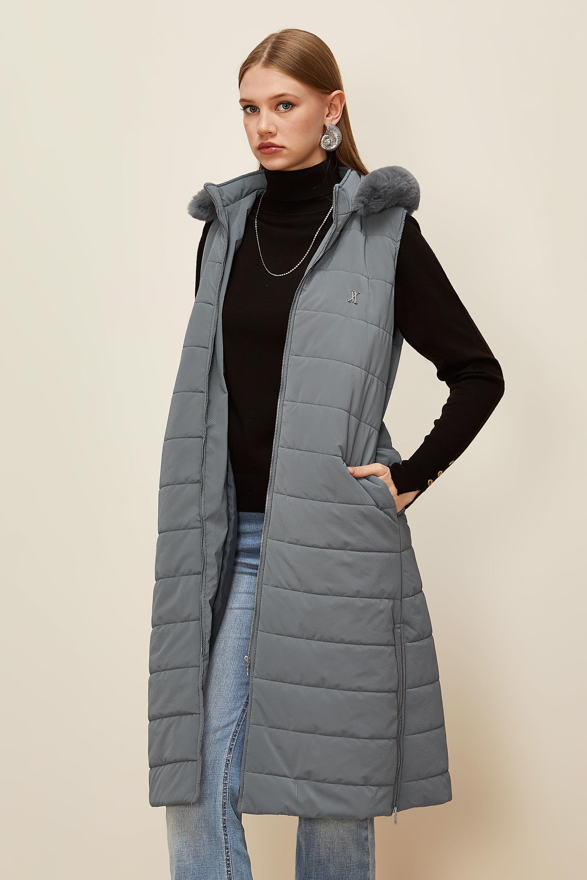 Tesettür giyim GRİ KAPÜŞONLU YELEK 45274