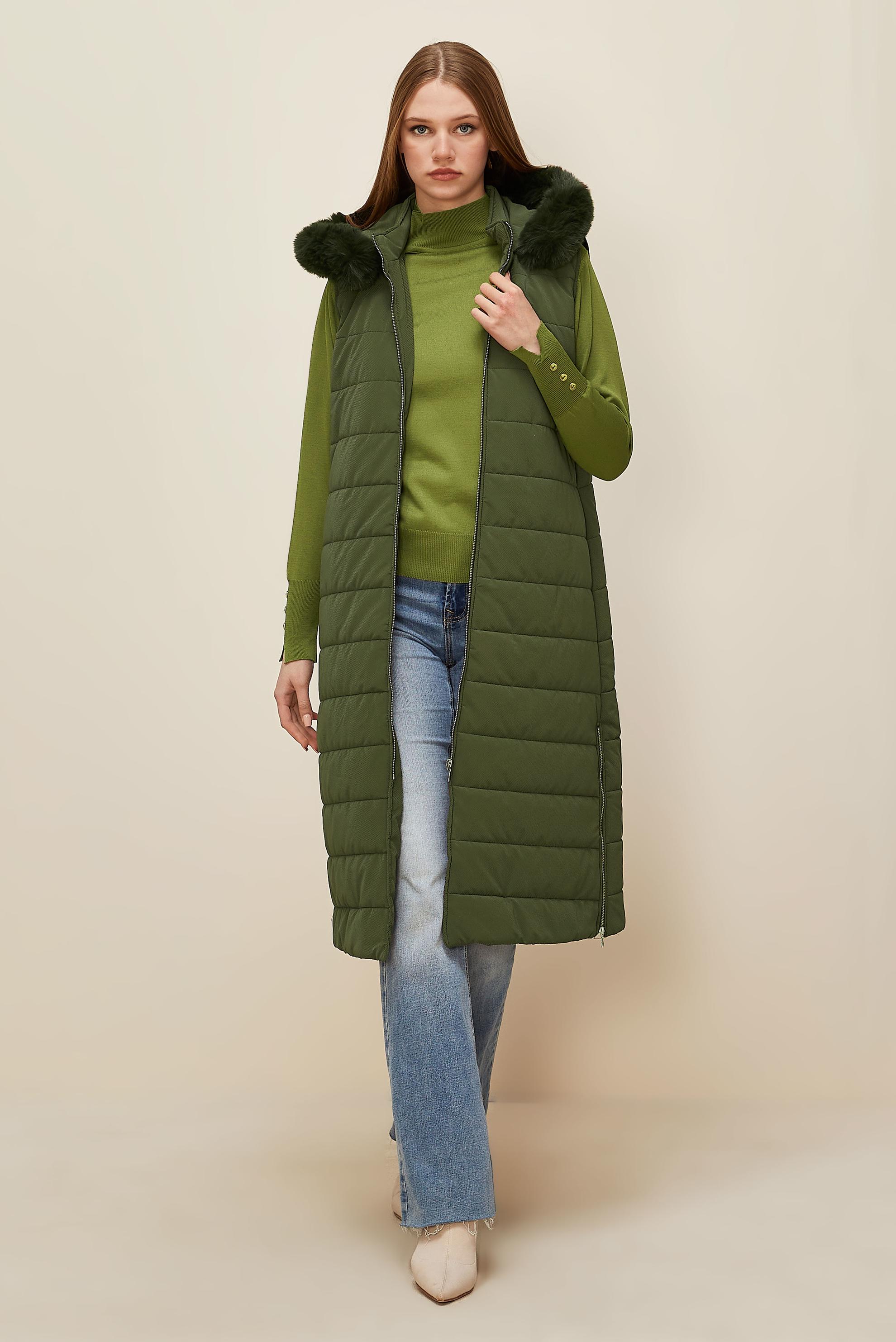 Tesettür giyim HAKİ KAPÜŞONLU YELEK 45274