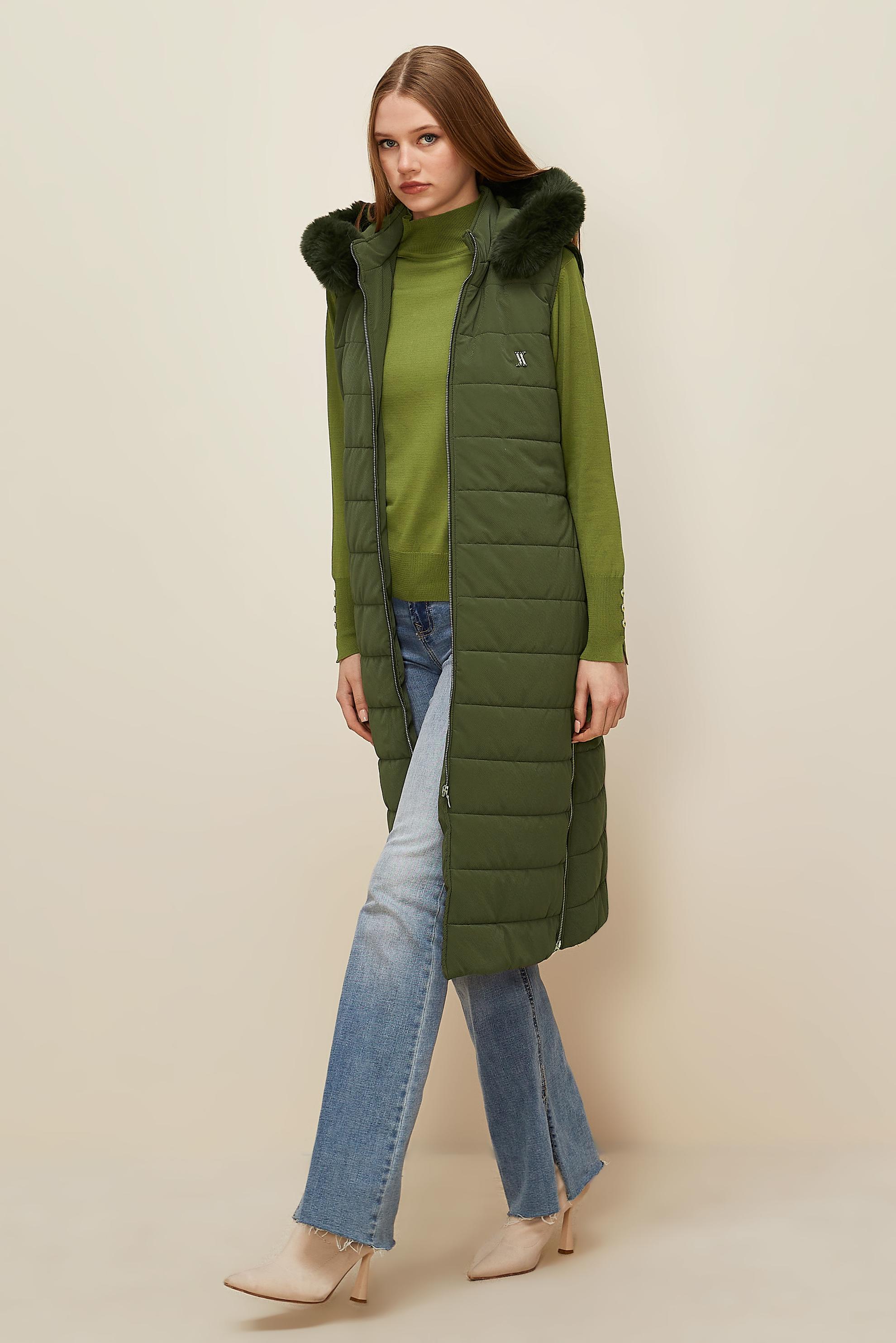 Tesettür giyim HAKİ KAPÜŞONLU YELEK 45274