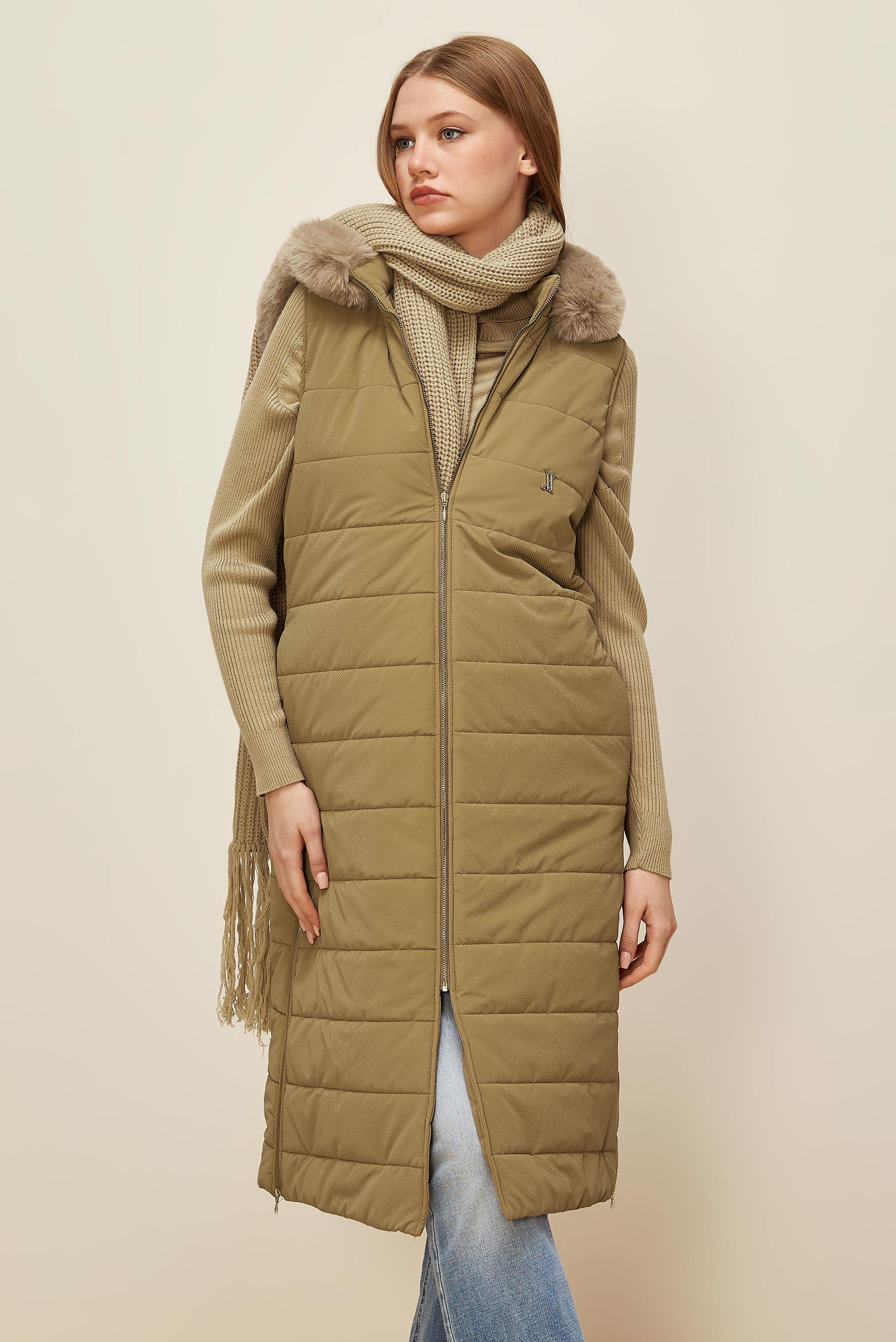 Tesettür giyim TABA KAPÜŞONLU YELEK 45274