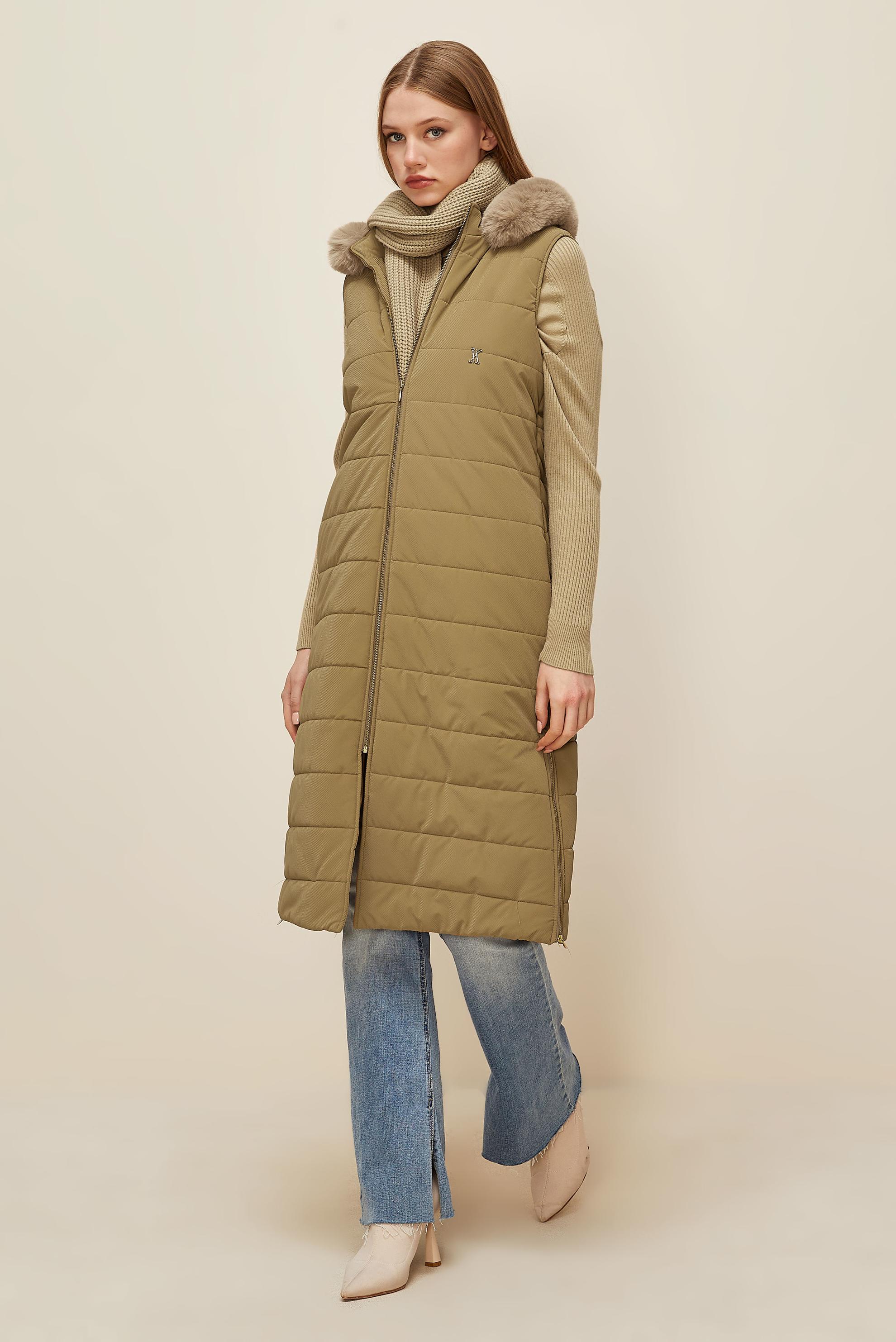 Tesettür giyim TABA KAPÜŞONLU YELEK 45274