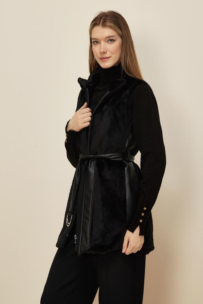 Tesettür giyim SİYAH KEMERLİ SUNİ KÜRK YELEK 45300 - ALVİNA