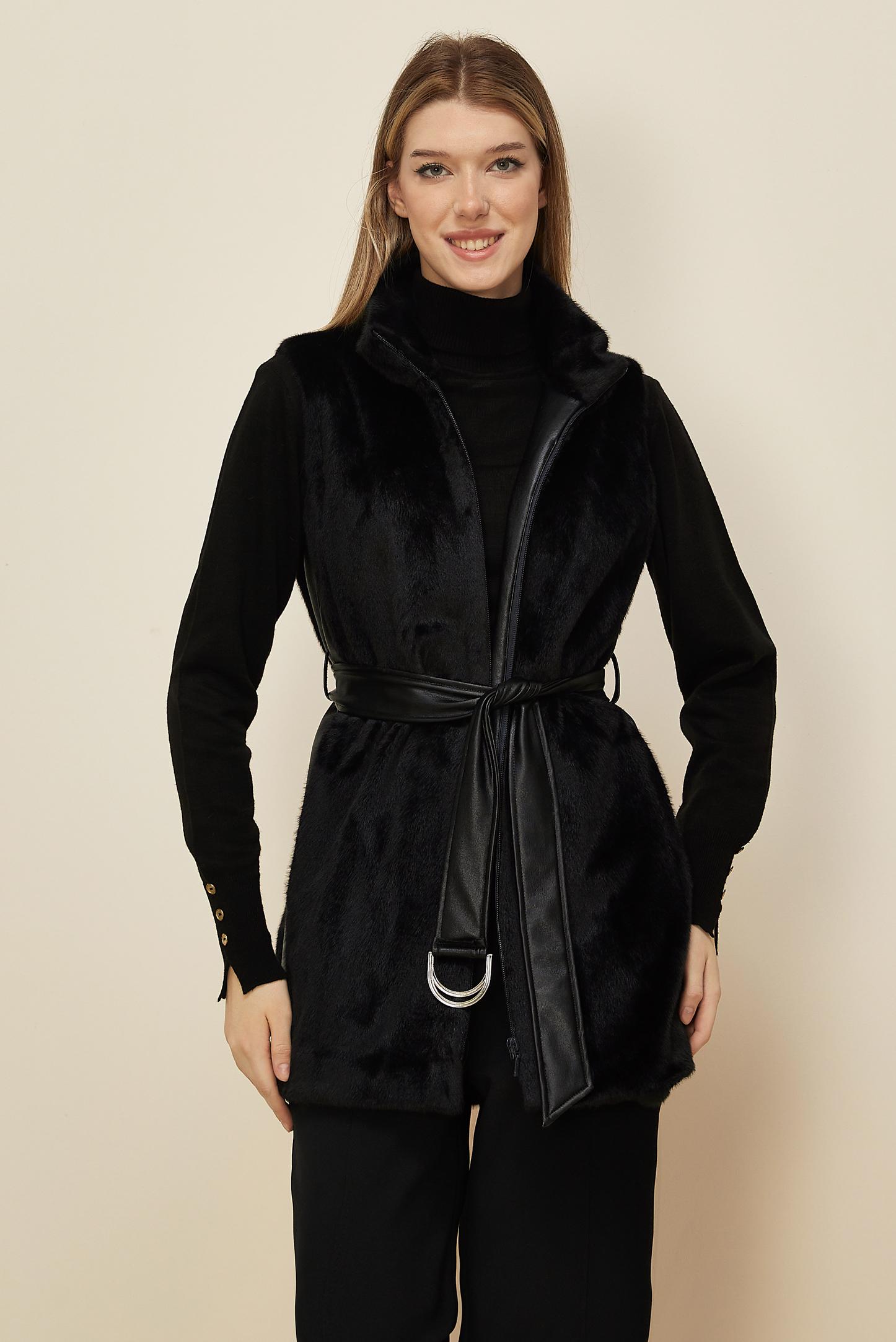 Tesettür giyim SİYAH KEMERLİ SUNİ KÜRK YELEK 45300