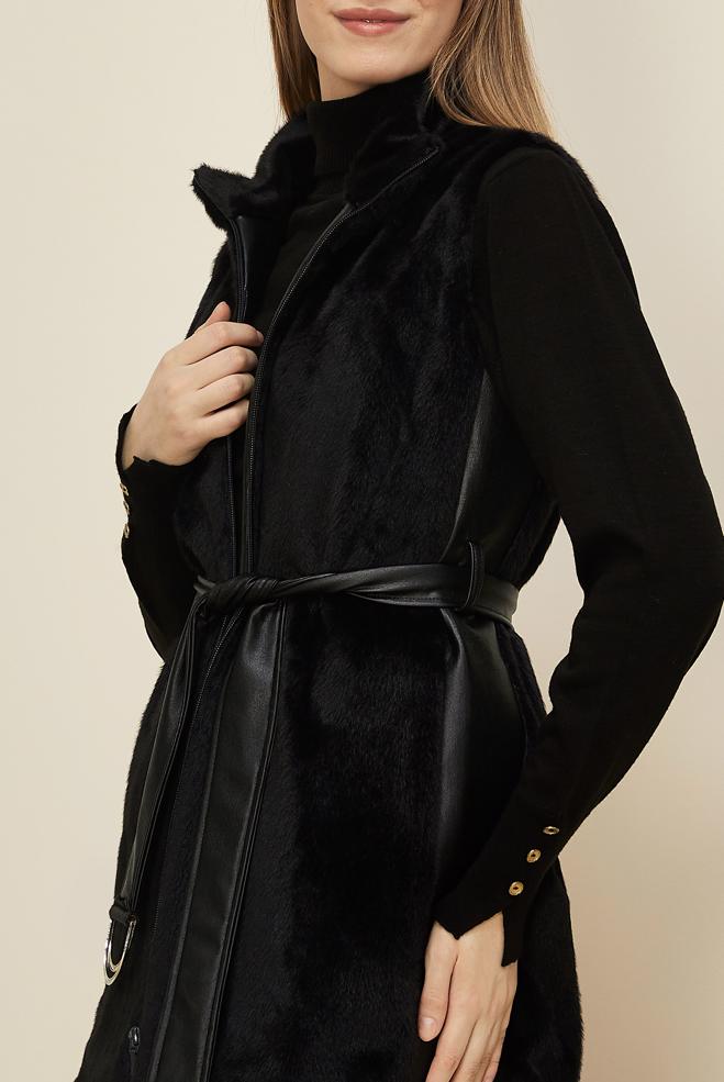 Tesettür giyim SİYAH KEMERLİ SUNİ KÜRK YELEK 45300 - ALVİNA