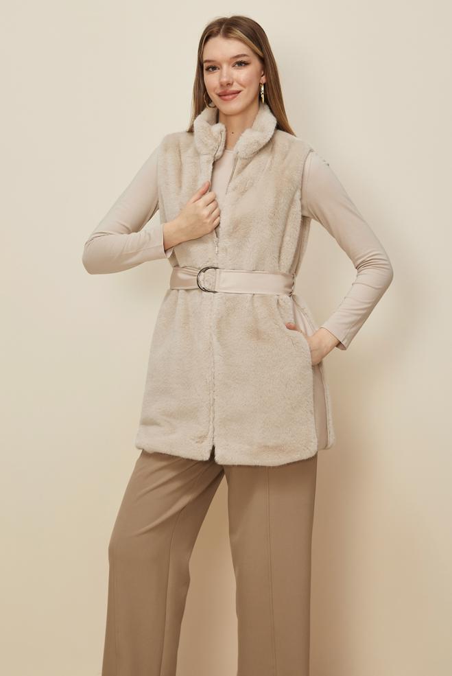 Hijab clothing BEIGE BELTED FAUX-FUR VEST 45300 - ALVİNA