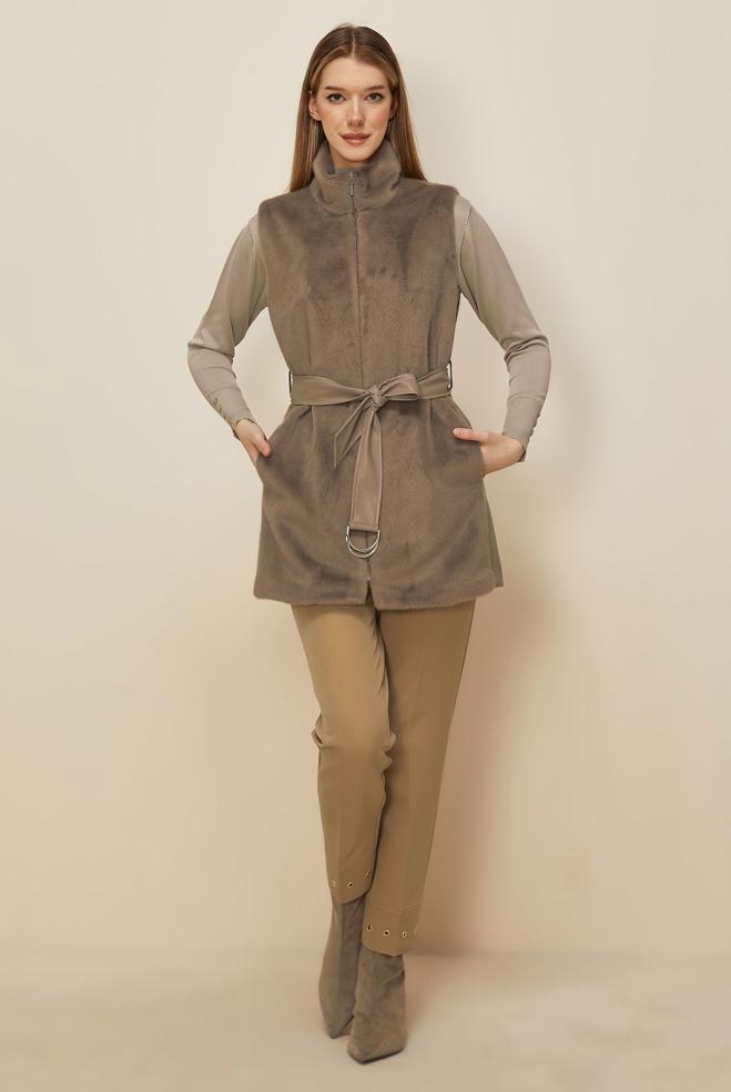 Hijab clothing MINK BELTED FAUX-FUR VEST 45300 - ALVİNA