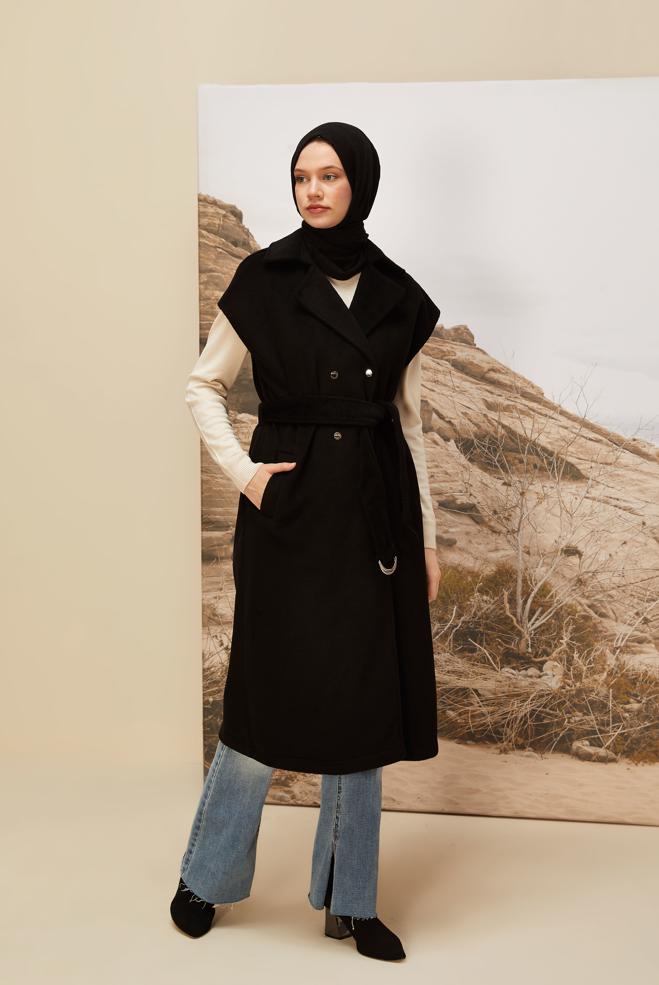 Vêtements hijab NOIR GILET CACHET CEINTURÉ 45301 - ALVİNA