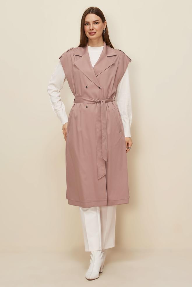 Tesettür giyim KAHVE KUŞAKLI YELEK 45601 - ALVİNA