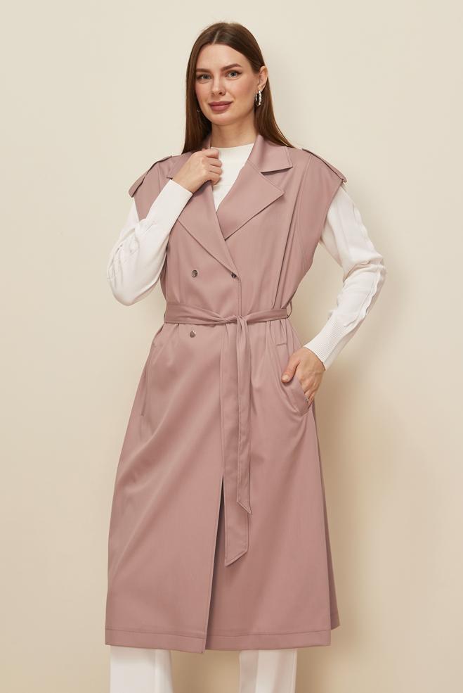 Tesettür giyim KAHVE KUŞAKLI YELEK 45601 - ALVİNA