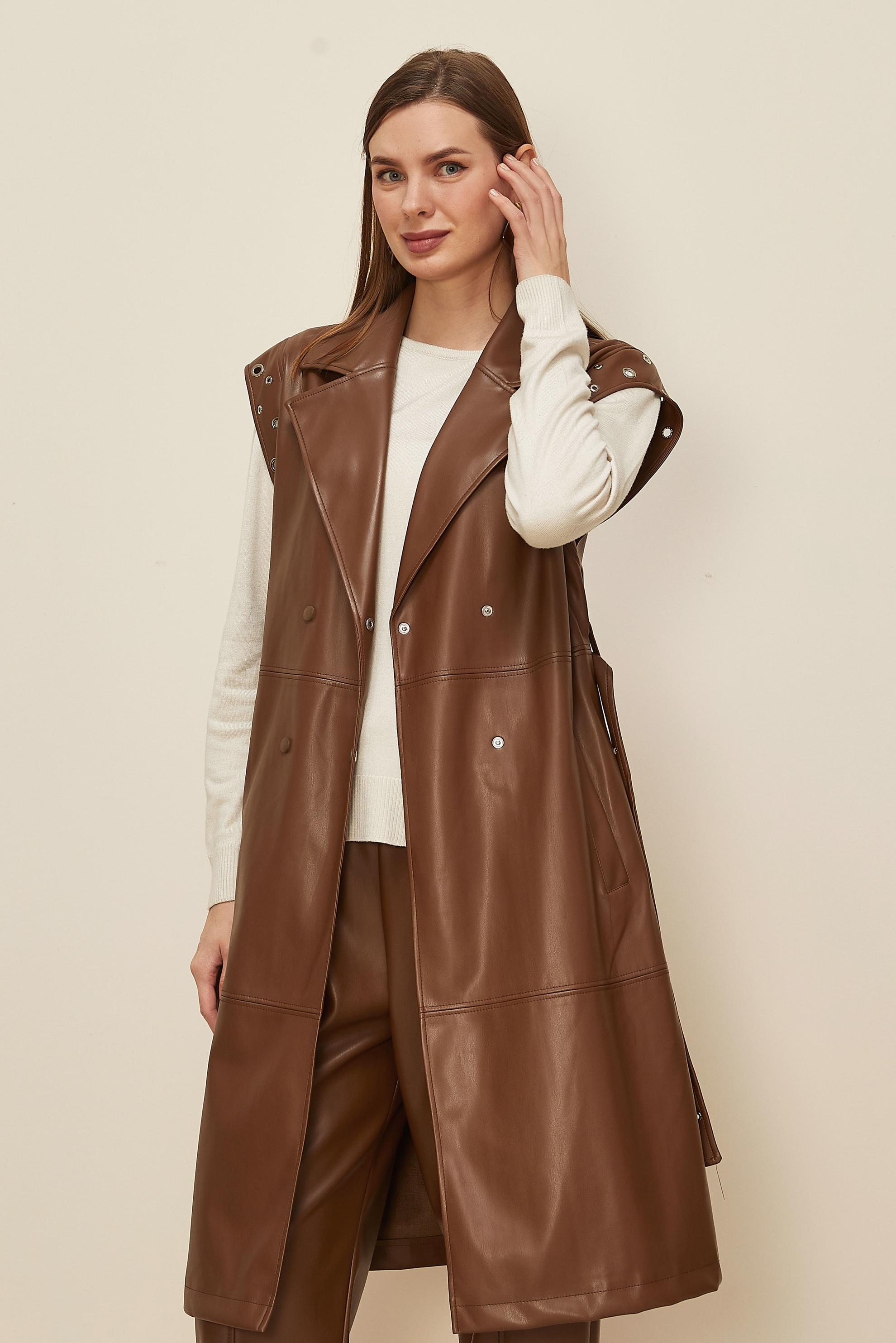 Tesettür giyim KAHVE KEMERLİ DERİ YELEK 45922