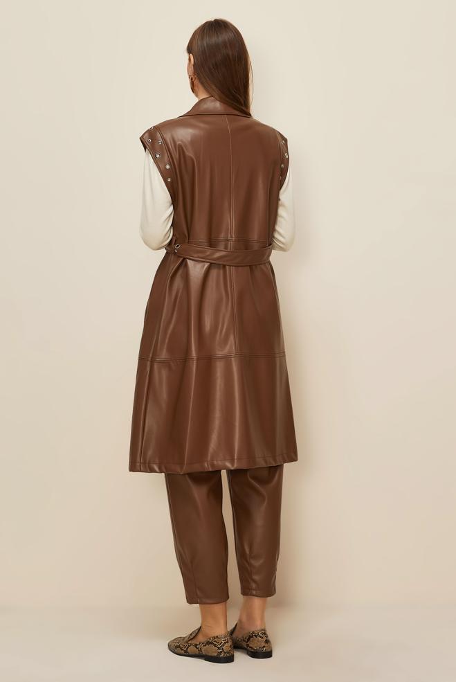 Tesettür giyim KAHVE KEMERLİ DERİ YELEK 45922 - ALVİNA