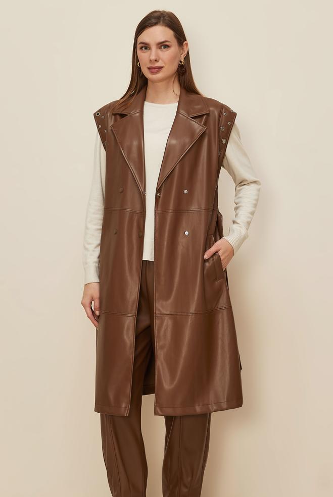 Tesettür giyim KAHVE KEMERLİ DERİ YELEK 45922 - ALVİNA
