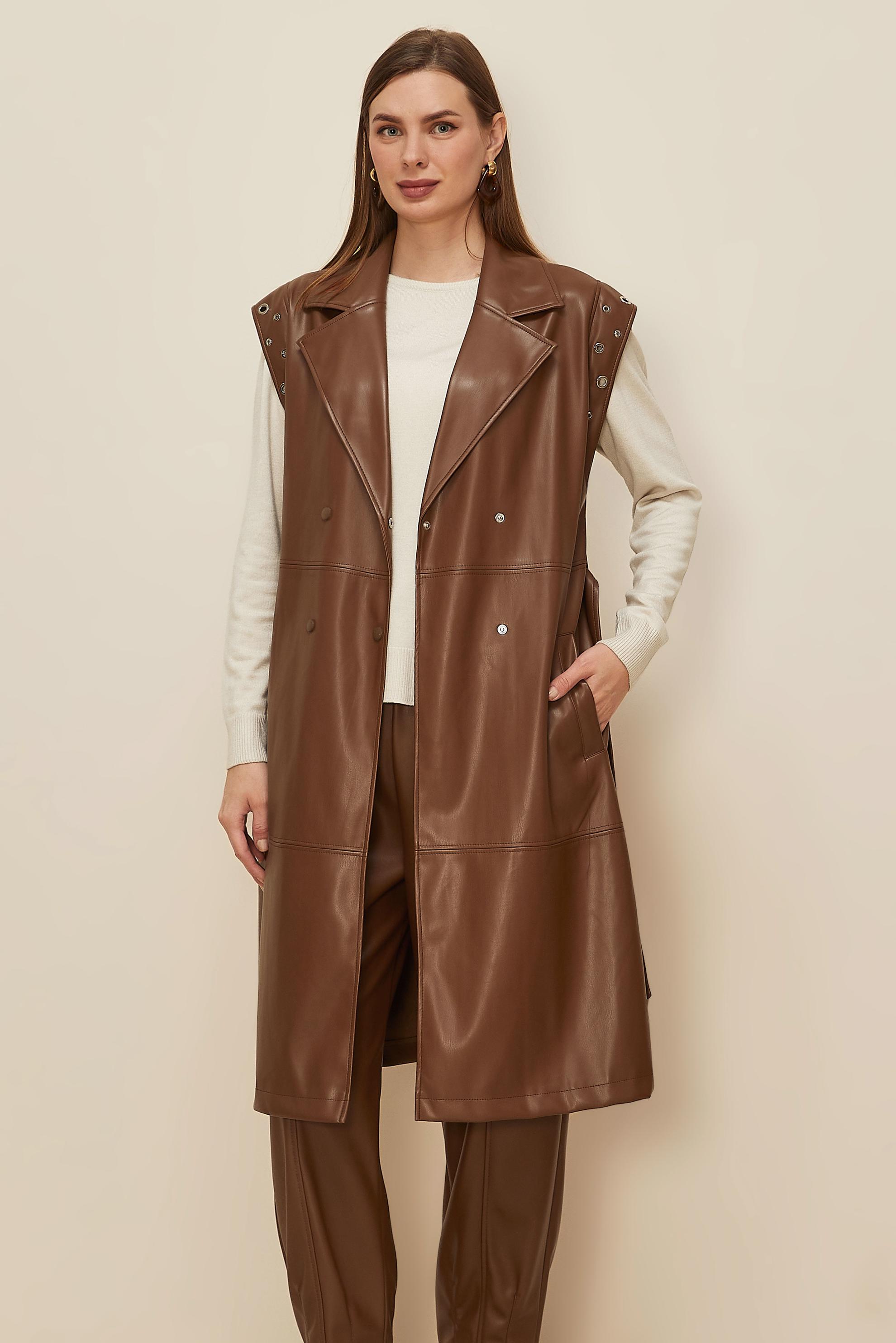 Tesettür giyim KAHVE KEMERLİ DERİ YELEK 45922