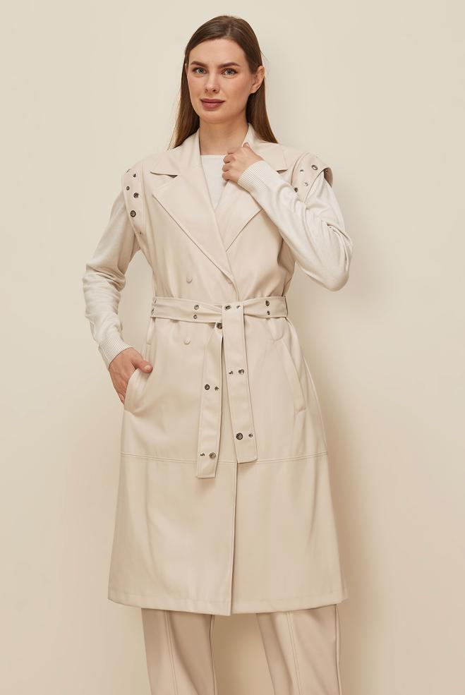 Tesettür giyim BEJ KEMERLİ DERİ YELEK 45922 - ALVİNA