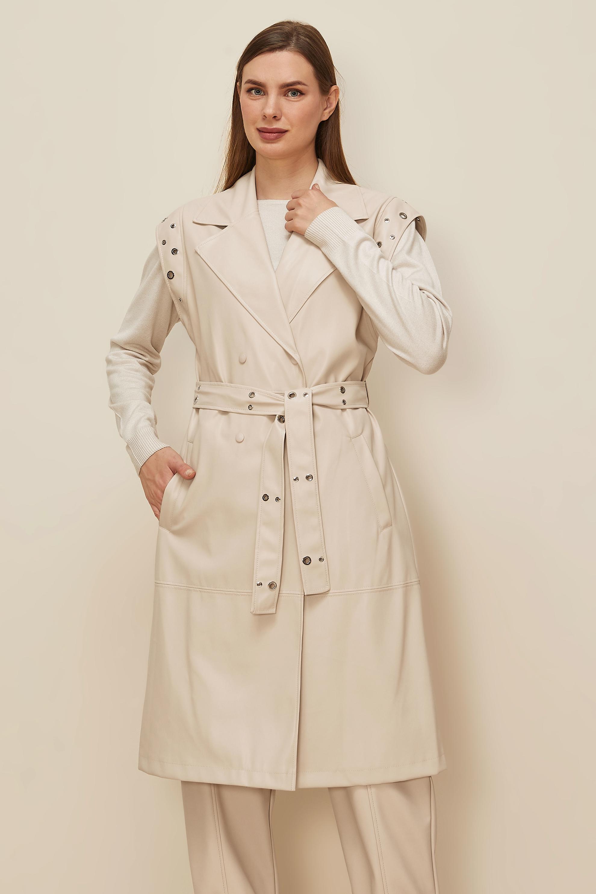 Tesettür giyim BEJ KEMERLİ DERİ YELEK 45922