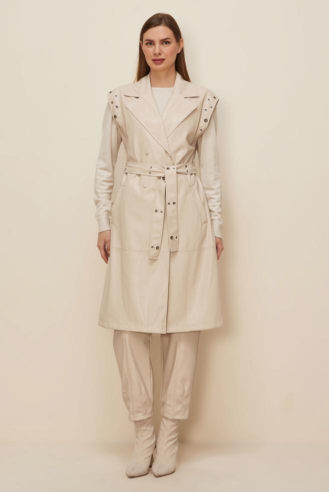 Tesettür giyim BEJ KEMERLİ DERİ YELEK 45922 - ALVİNA