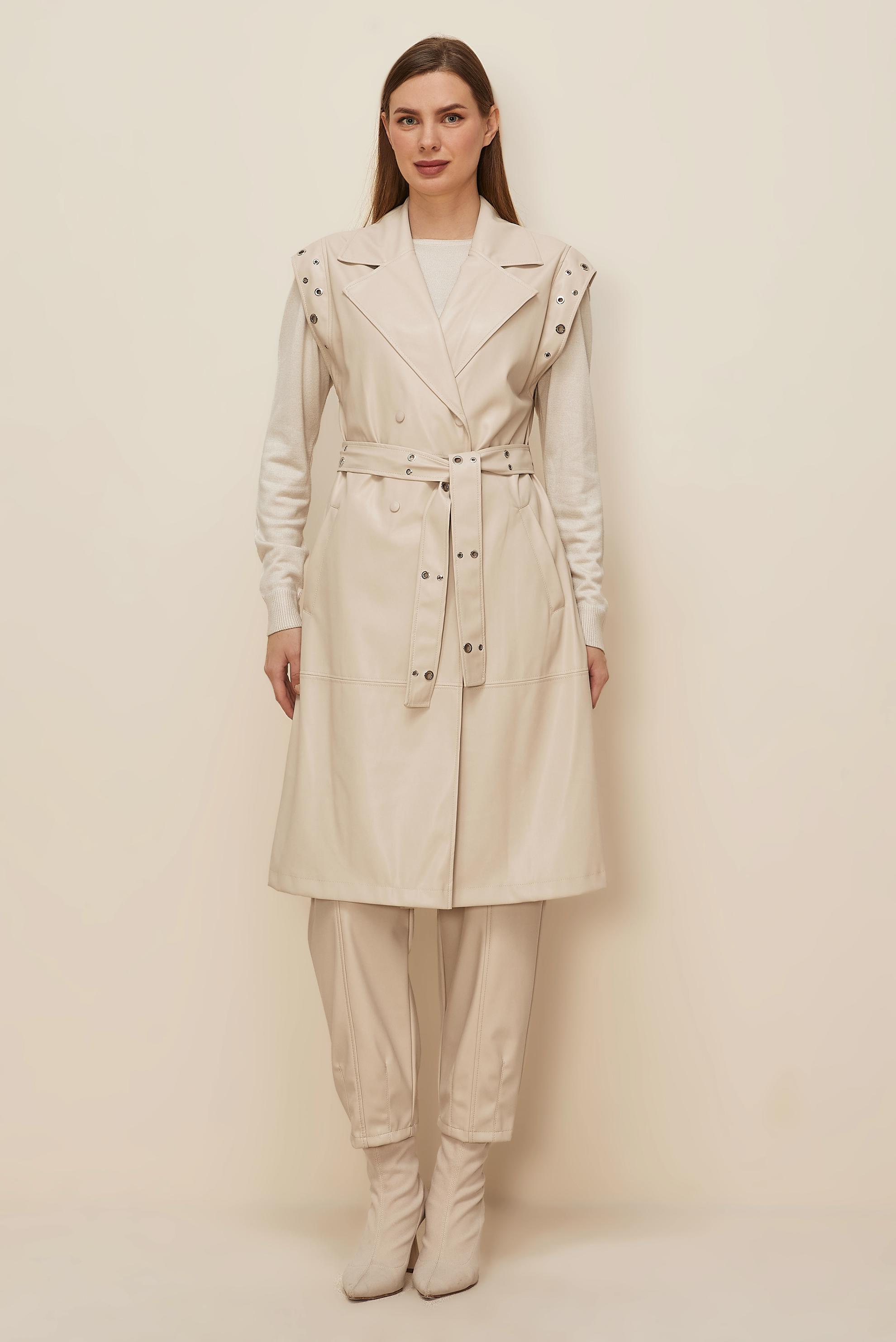 Tesettür giyim BEJ KEMERLİ DERİ YELEK 45922